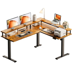L-Shaped Electric Standing Desk 59 Inch with Monitor Shelf & Power Outlets