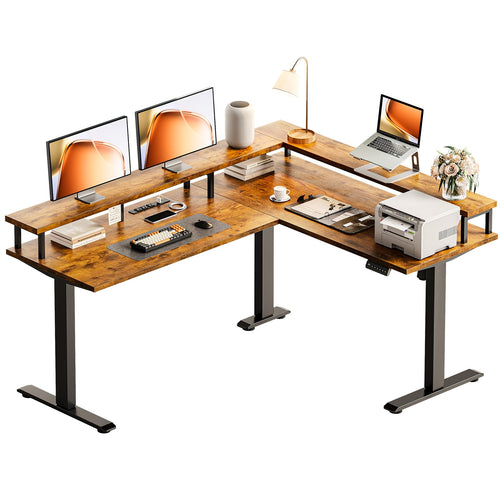 L-Shaped Electric Standing Desk 59 Inch with Monitor Shelf & Power Outlets