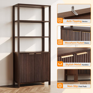 6-Tier Bookcase with Fluted Doors, 71" Wood Storage Cabinet