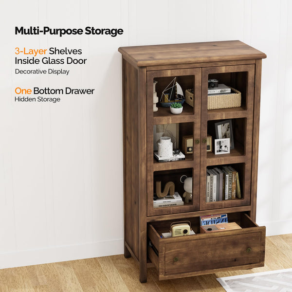 Glass Door Storage Cabinet with Drawer and Wood Legs