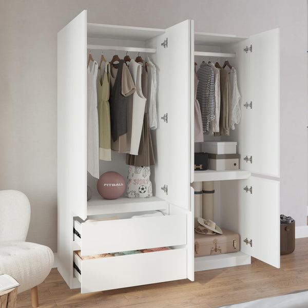 4-Door Armoire Wardrobe Closet with Drawers & Hanging Rod