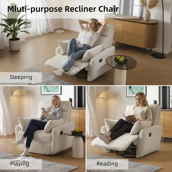 Corduroy Swivel Recliner Chair with Glider & 2 Pillows