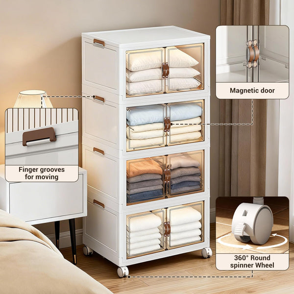4-Tier Stackable Storage Cabinet with Magnetic Doors & Wheels