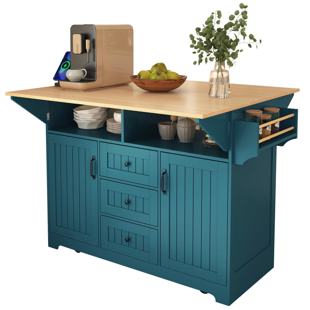 Kitchen Island Cart with Drop Leaf & Power Outlets