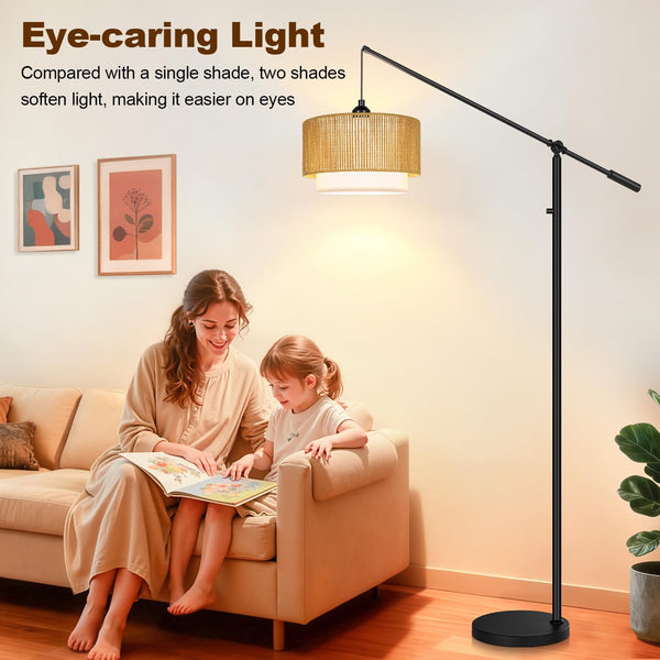 Dimmable Boho Floor Lamp with Rattan & Fabric Shades