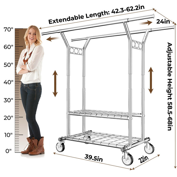 Heavy Duty Rolling Clothes Rack with Shelves