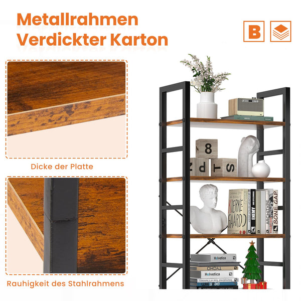 5-Tier Metal & Wood Bookcase with Adjustable Shelves
