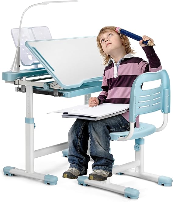 Kids Height-Adjustable Desk & Chair Set with LED Lamp