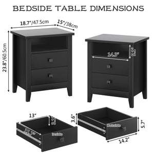 Farmhouse Nightstand Set of 2 with 2 Drawers and Open Shelf