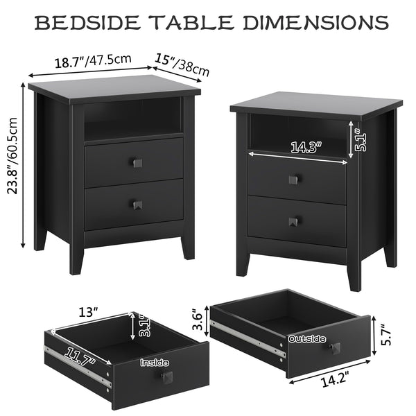 Farmhouse Nightstand Set of 2 with 2 Drawers and Open Shelf