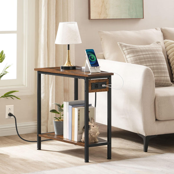 Wedge End Table with Charging Station & Open Shelves