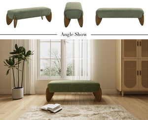 Bouclé Upholstered Bench with Scalloped Wooden Legs – 50 Inch