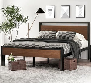 Metal Platform Bed Frame with Wooden Headboard & Footboard