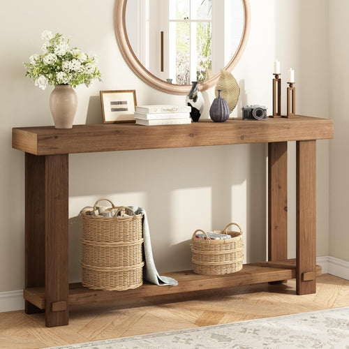 Solid Wood Farmhouse Console Table with Bottom Shelf