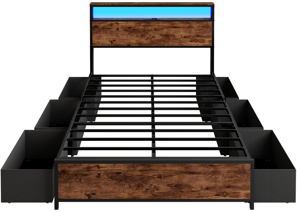 Full/Queen Platform Bed Frame with Storage Headboard, 6 Drawers & LED Lights