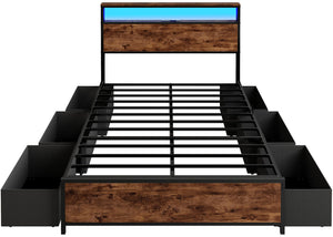 Full/Queen Platform Bed Frame with Storage Headboard, 6 Drawers & LED Lights