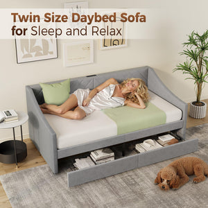 Twin Size Upholstered Daybed with Storage Drawers and Charging Station