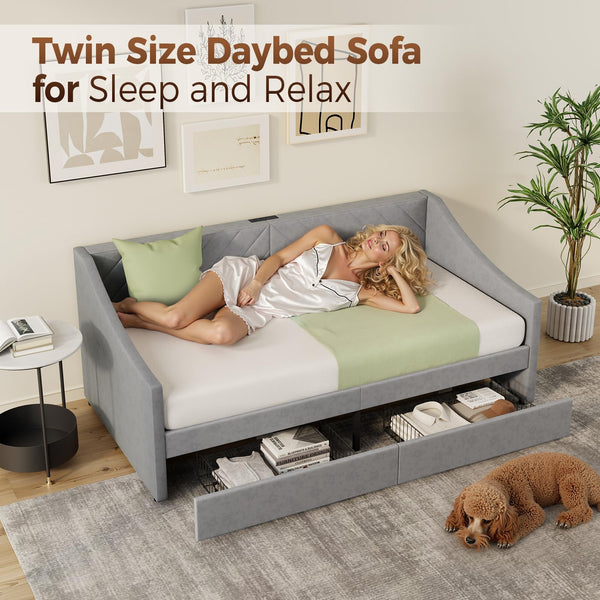 Twin Size Upholstered Daybed with Storage Drawers and Charging Station