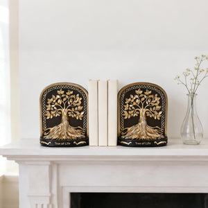 Tree of Life Bookends, Black Gold 2 Non-Skid Heavy Decorative Bookends for Shelves Or Bookcase, Elegant Bookends for Library Office Decor, Home Décor Gift