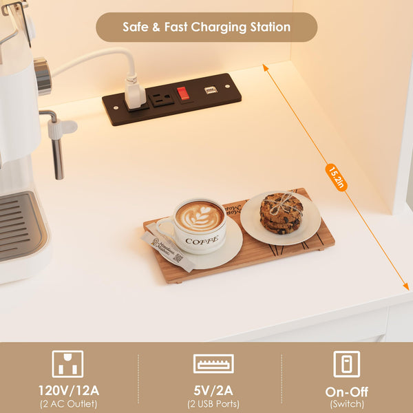 Tall Kitchen Pantry Cabinet with LED & Charging Station
