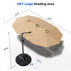 15FT Rectangular Cantilever Patio Umbrella with Solar LED Lights & Weighted Base