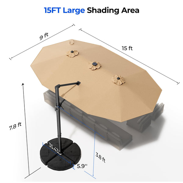 15FT Rectangular Cantilever Patio Umbrella with Solar LED Lights & Weighted Base