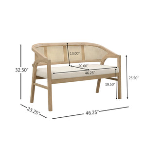Upholstered Loveseat Sofa with Cane Backrest & Rubberwood Frame