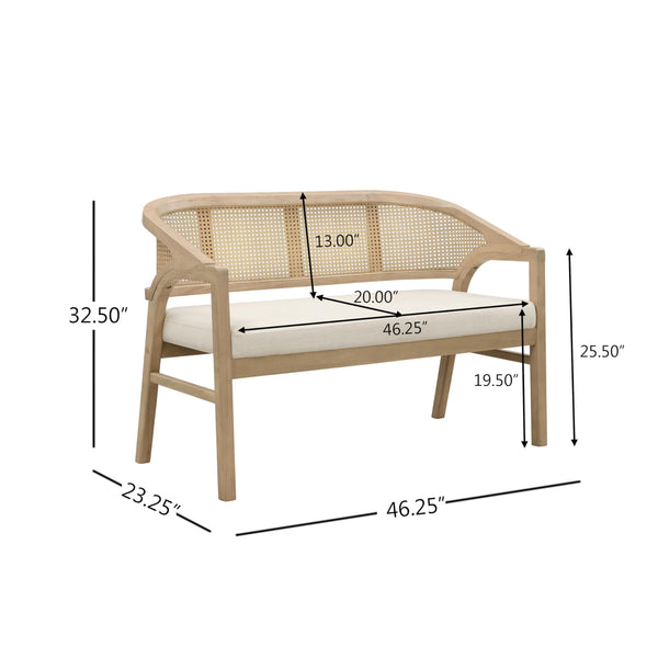 Upholstered Loveseat Sofa with Cane Backrest & Rubberwood Frame