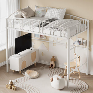 Twin Size Metal Loft Bed with Ladder and Guardrail