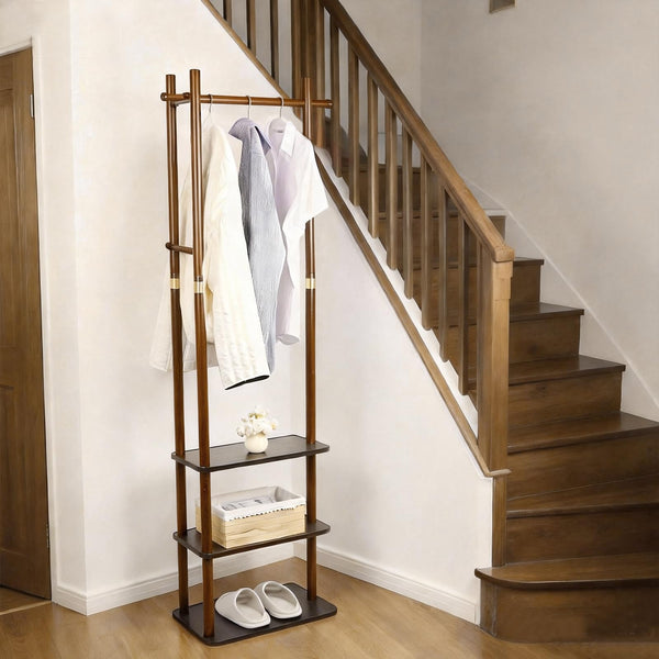 Wood Coat Rack with 3 Shelves and 5 Hooks