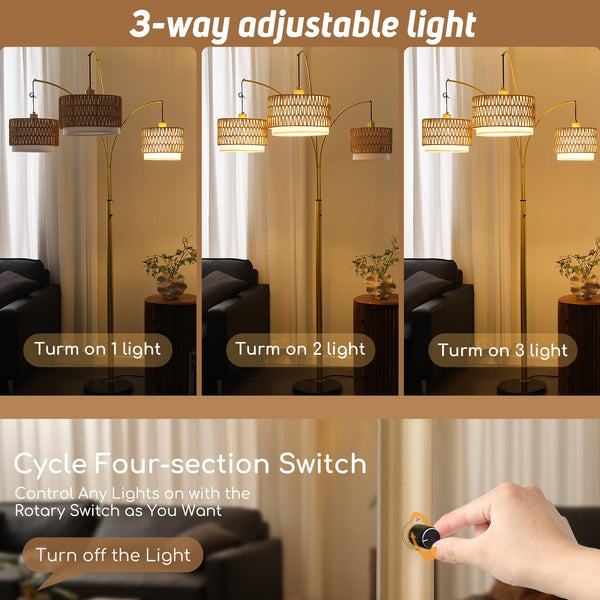 3-Light Arc Floor Lamp with Rattan Wicker Shades, 80 Inch Tall Standing Lamp