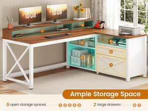 L-Shaped Desk with Drawers, LED Lights & Power Outlet