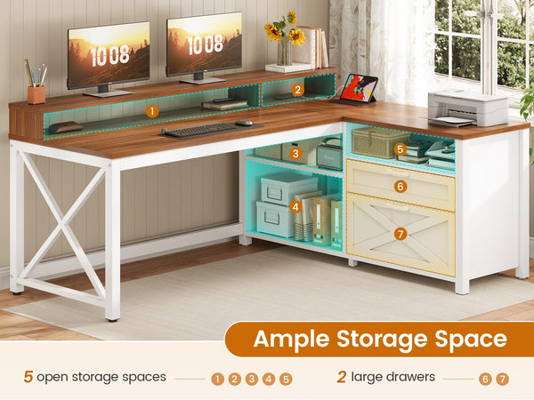 L-Shaped Desk with Drawers, LED Lights & Power Outlet