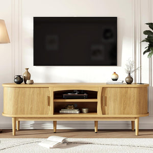 Mid-Century TV Stand with Power Outlets & Fluted Sliding Doors
