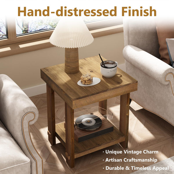 Solid Wood End Table Set of 2 with 2-Tier Storage Shelf
