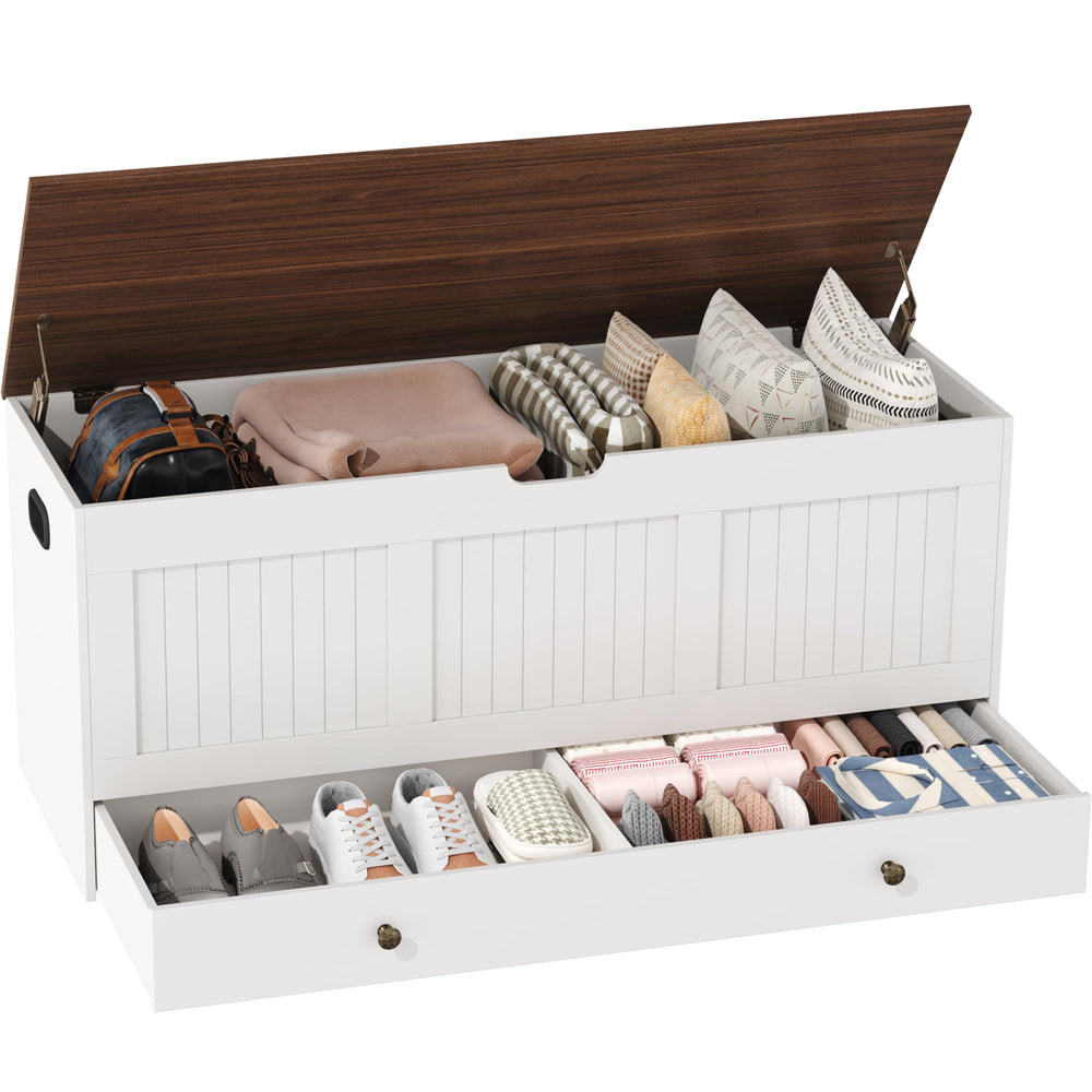 Lift-Top Storage Bench with 2 Drawers – White & Brown