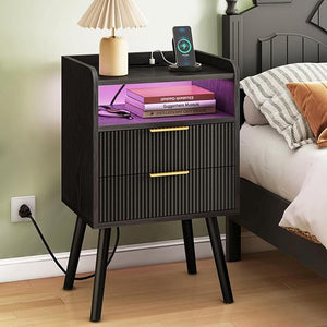 Fluted Nightstand with Charging Station & LED