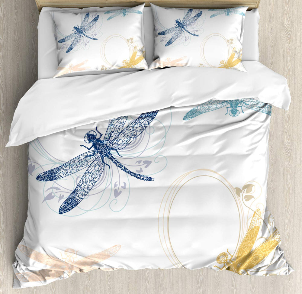 Queen Duvet Cover Set — Dragonfly Floral Print, 3-Piece Bedding Set with Pillow Shams