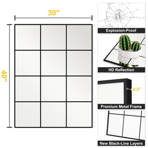 Windowpane Grid Wall Mirror – Black Metal Frame, Multi-Size