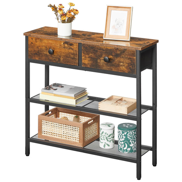 Narrow Console Table with 2 Fabric Drawers & 3-Tier Storage Shelves