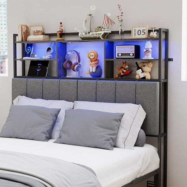 Tall Headboard with Storage Shelves, USB Charging & LED Light