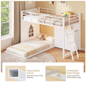 Twin Over Twin L-Shaped Low Bunk Bed with 9 Storage Drawers and LED Lights