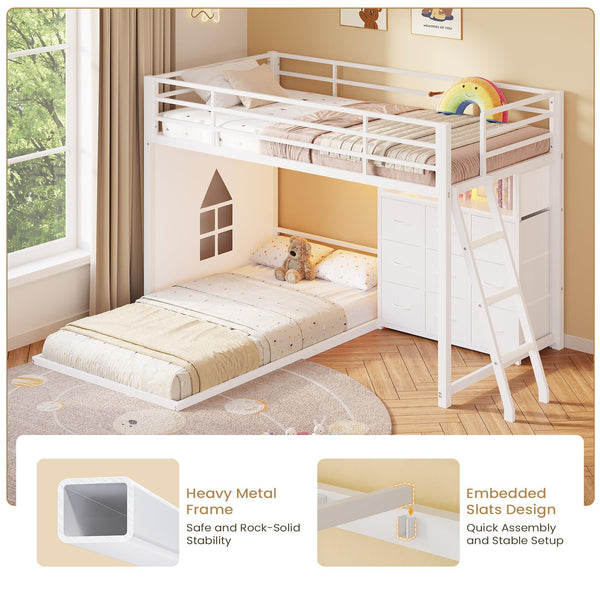 Twin Over Twin L-Shaped Low Bunk Bed with 9 Storage Drawers and LED Lights