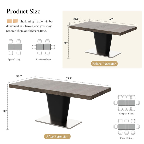 Extendable Dining Table 63 to 78.7 Inch for 4 to 10 People