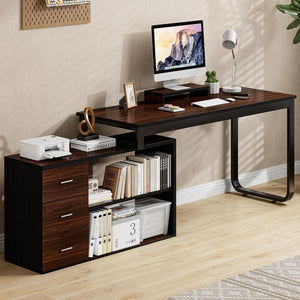 55-Inch Reversible L-Shaped Computer Desk – 3 Drawers, Monitor Stand & Storage Shelves
