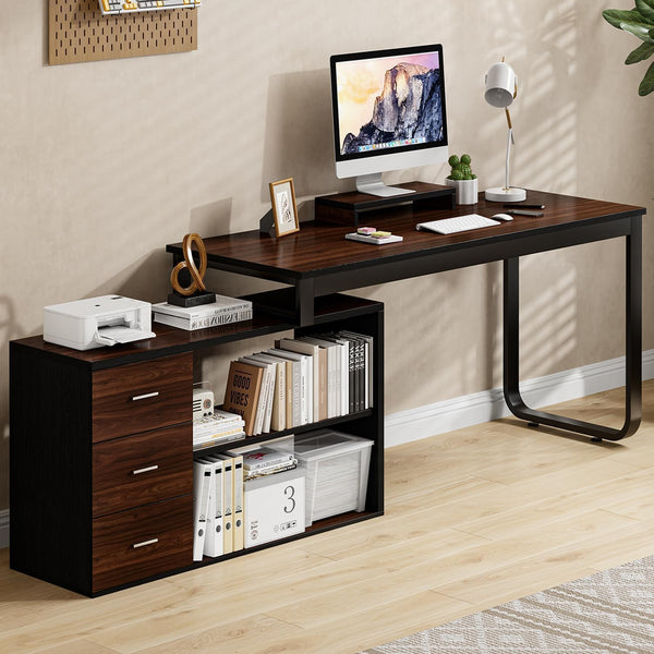 55-Inch Reversible L-Shaped Computer Desk – 3 Drawers, Monitor Stand & Storage Shelves