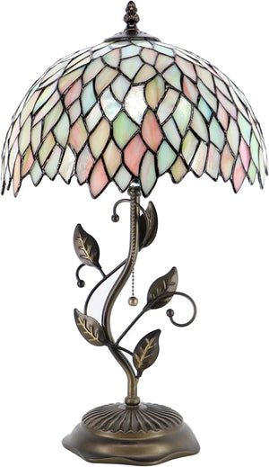 Tiffany Stained Glass Table Lamp with Metal Leaf Base