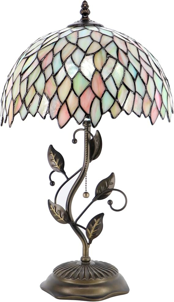 Tiffany Stained Glass Table Lamp with Metal Leaf Base