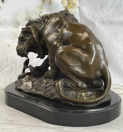 Lion and Snake Bronze Sculpture on Marble Base