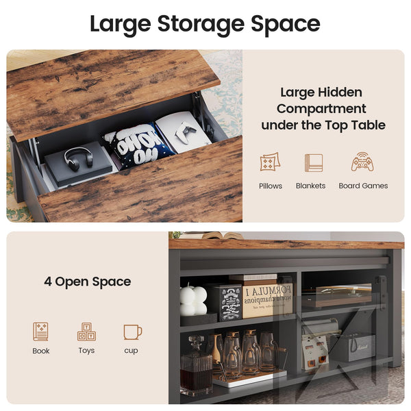 Lift Top Coffee Table with Hidden Storage and Adjustable Shelves
